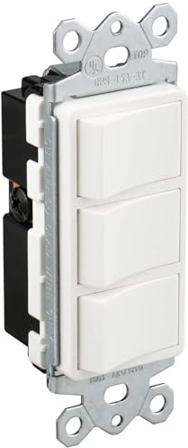 Baomain Triple Rocker Light Switch, 15A 120V Single Pole, 3 Individual Switches Grounding, Combination Wall Switch White, UL & CUL Certified