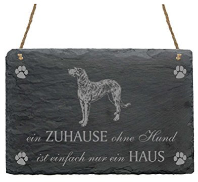 Schiefertafel Irischer Wolfshund « EIN ZUHAUSE OHNE HUND IST EINFACH NUR EIN HAUS » Schild mit Hunde Motiv - Dekoschild Türschild Dekoration Wanddeko - Irish Wolfhound