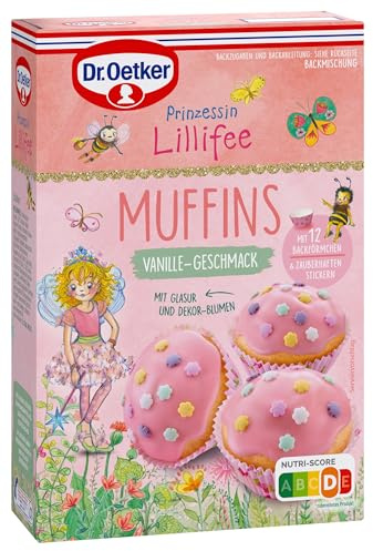Dr. Oetker Prinzessin Lillifee Muffins mit Vanille-Geschmack, 397 g, Backmischung für 12 Muffins, mit rosa Glasur & rosa Dekorherzchen, ideal zum Kindergeburtstag, inkl. Papierbackförmchen