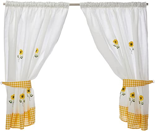 Sunflower Pencil Pleat Headed Kitchen Curtains and Tiebacks, Yellow/White, 66 x 54-Inch