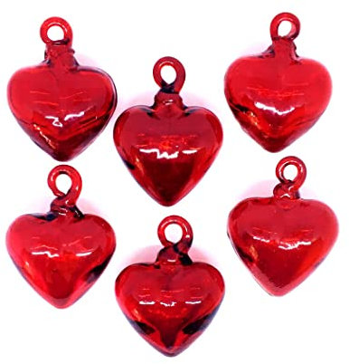 MexHandcraft Rote 6,6 cm kleine hängende Glasherzen (6 Stück), recyceltes geblasenes Glas (kleine rote Herzen)