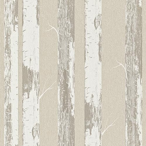 Rasch Tapete 574524 - Beige Vliestapete mit Birkenstämmen, Birkenwald