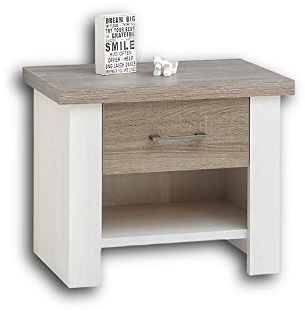 LUCA Eleganter Nachttisch im Landhausstil - Stilvoller Nachtschrank mit Schubladen in Pinie Weiß / Trüffel für Ihr Bett - 60 x 49 x 42 cm (B/H/T)