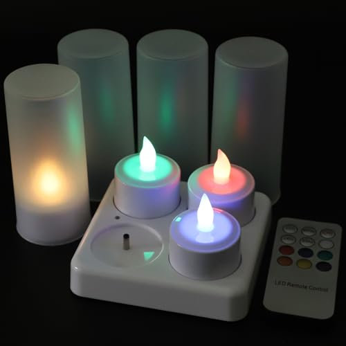 EuroFone Bougies chauffe-plat à changement de couleur avec télécommande, 4 bougies LED colorées avec mèche à 7 couleurs changeantes pour décoration de vacances, décoration de table