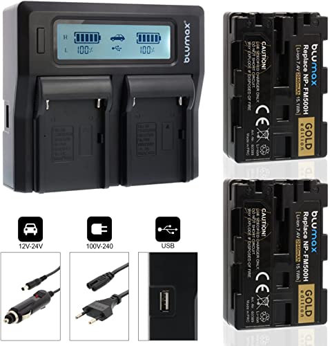 2X Blumax Akku kompatibel mit Sony NP-FM500H 2040mAh + LCD Dual Charger NP-FM500 NP-FM55H für Sony Alpha 99 - A77 A99 II - DSLR A850 A900 - VG-C99AM