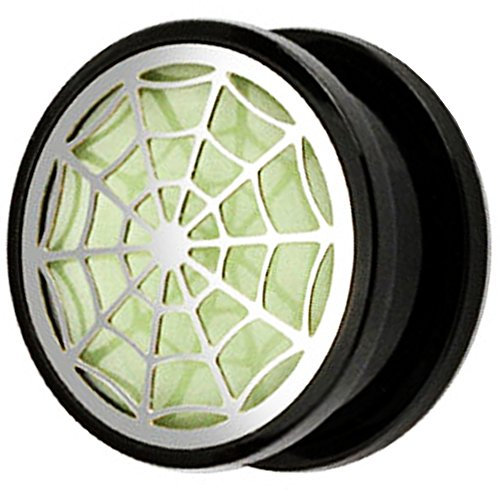 Piersando Ohr Plug Piercing Kunststoff Motiv Comic Picture Flesh Tunnel Ohrplug Schwarz mit Spinnennetz Glow in The Dark 22mm
