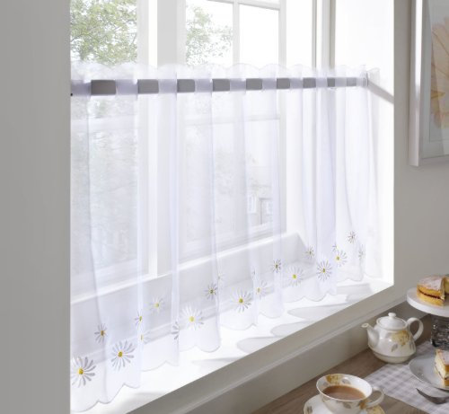 Café Voile Curtain Panel, Embroidered Kitchen Net Curtains, Daisy Flower, 59 x 24
