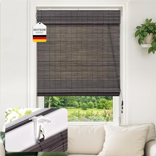 Victoria M. Klemmfix Bambus Raffrollo Sonnenschutz Sichtschutz Rollo Seitenzugrollo ohne Bohren, für Fenster und Türen, 110 x 220 cm, Dunkelbraun