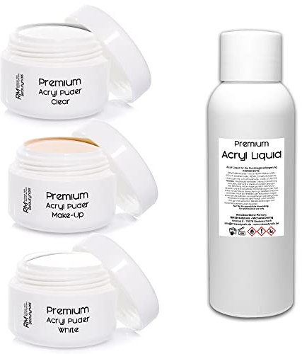 RM Beautynails Lot de 3 pots de 20 g de poudre acrylique de modelage transparente, rose et blanche et 1 flacon de 50 ml d’acrylique liquide, poudre de qualité studio à ongles