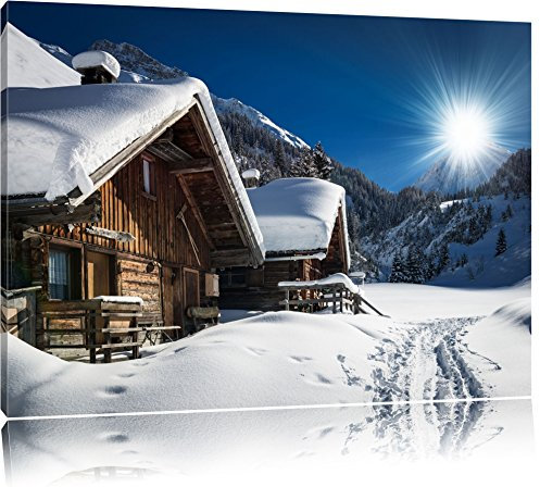 Pixxprint Verschneite Alpenhütte, Größe: 60x40cm, Leinwandbild, fertig gespannt, Wandbild, Dekoration, Kunstdruck, kein Poster