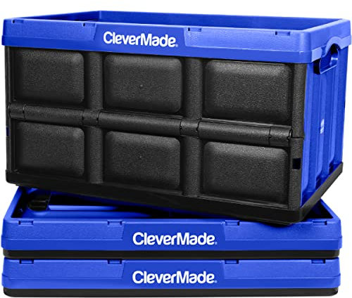 CleverMade Collapsible Storage Bin, Royal Blue, 3PK - 46L (12 Gal) Stackable Storage Containers, Holds 66lbs Per Bin - Plastic Storage Bins for Organizing, Closet Storage, Garage Storage