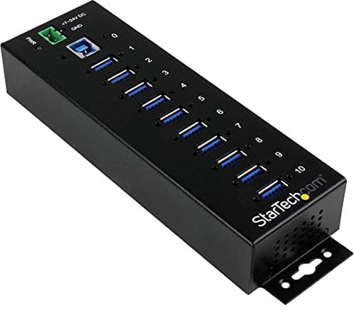 StarTech.com Hub Industrial de 10 Puertos USB 3.0 - Ladrón Concentrador USB-A con Protección Antiestática ESD y Protección de Picos - de Montaje en Carril DIN Pared o Escritorio - Hub TAA (ST1030USBM)