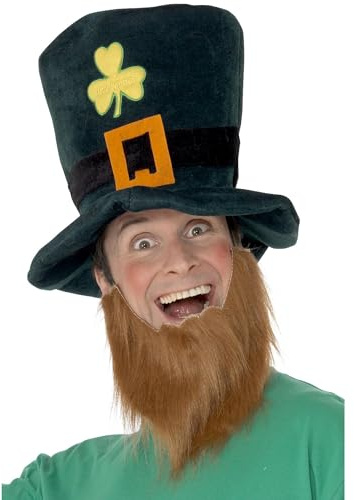Smiffys Heinzelmännchen-Mütze, Grün, mit Kleeblättern, Schnalle und angesetztem fuchsrotem Bart Halloween