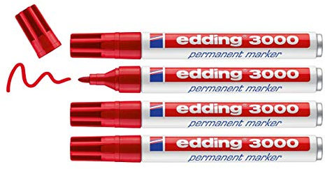 edding 3000 Permanentmarker - rot - 4 Stifte - Rund-Spitze 1,5-3 mm - schnell trocknender Permanent Marker - wasserfest, wischfest - für Karton, Kunststoff, Holz, Metall - Universalmarker