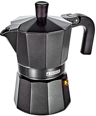 MONIX Noir Vitro Cafetière de 3 Tasses, Fabriquée en Aluminium, Compatible Toutes Sources de Chaleur sauf Induction