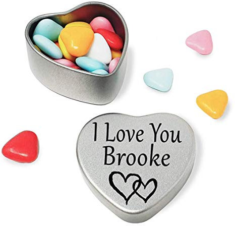 I Love You Brooke Mini heart shaped silver gift tin filled with mini chocolates. Great as a birthday present or a gift to show someone special how much you love them