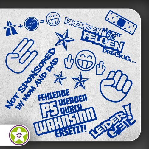 Kiwistar Sticker Bomb Set 1 blau - Bogen: A4 Bremsen…Felgen…, Shockerhand, Autobahnfreak, Fehlende PS…, Leider Geil. Auswahl Sammlung Aufkleber Scheibe Tuning Decal