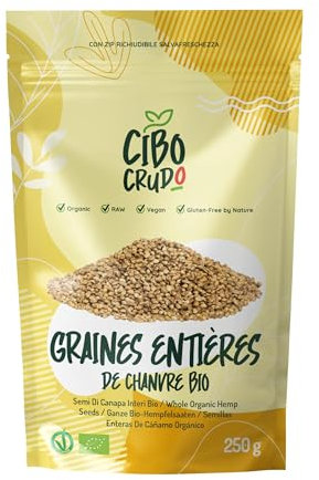 Graines de Chanvre Bio Non Décortiquées - 250g. Graine de Chanvre Contiennent Protéines Fibres Vitamines et Antioxydants. Graisses Oméga 3 et Oméga 6.