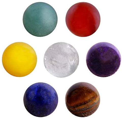 Morella 7 Steinkugeln Edelstein Set 16 mm Chakren Kugeln für Halsketten-Anhänger mit Schmuckbeutel