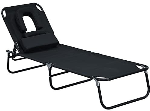 Outsunny Sedia Sdraio da Esterno Pieghevole con Foro per il Viso e Cuscini, Lettino Prendisole da Giardino, Spiaggia e Campeggio, Nero
