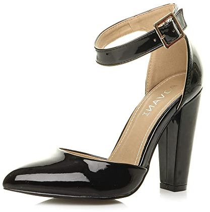 AJVANI high Block Heel Ankle Strap Pointed Court Shoes Size 5 38 Black Patent