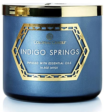Colonial Candle 3-Docht Duftkerze im Glas mit Deckel - Indigo Springs (411g) - Der Weiche Beruhigende Duft für dein Zuhause - Duftkerze mit bis zu 60h Brenndauer - Sojawachsmischung