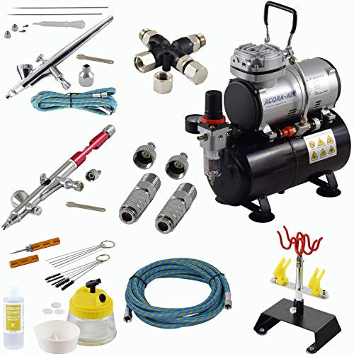 Agora-Tec® Airbrush PROFI-Set -Edition-2019-red, inkl. Kompressor mit 4 bar & 3l Tank, 2 Stück Double Action Airbrushpistolen, Pistolenhalter, 3-fach Verteiler, Schnellkupplung, Reinigungs-Set