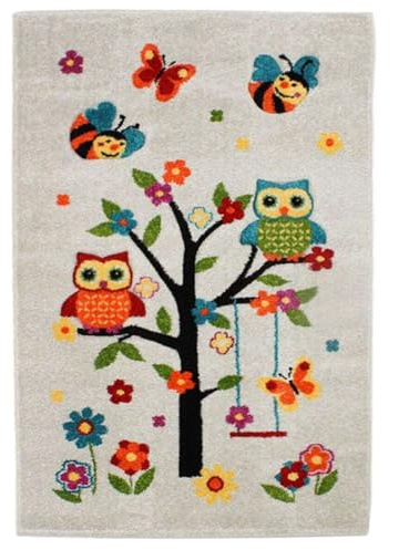 MonBeauTapis Pflaume 100161 Fuji Eulen Kinder Teppich Mischung aus Wolle/Polypropylen, Ecru 150 x 100 cm