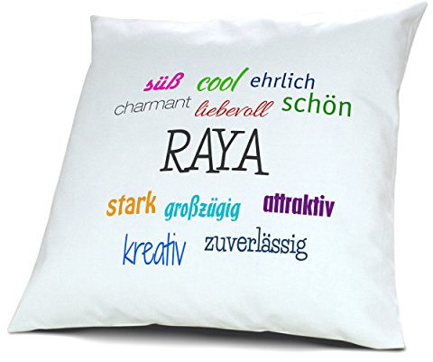 digital print Kopfkissen mit Namen Raya - Motiv Positive Eigenschaften, 40 cm, 100% Baumwolle, Kuschelkissen, Liebeskissen, Namenskissen, Geschenkidee, Deko