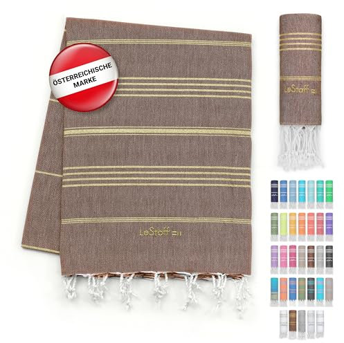 LeStoff Hamamtuch - 100% Bio-Baumwolle, 95 x 180 cm, Vorgewaschen, Saugstark, Schnelltrocknend, Leicht, Schick, Glitzer, Badehandtuch Damen, Strandtuch Damen, Badetuch groß (Braun - Gold)