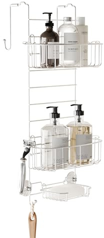 Zenna Home Hanging Shower Caddy, Over the Door, Rust Resistant, with 2 Storage Baskets, Soap Dish, Razor Holders and Hooks, Bathroom or Kitchen Shelf Organizer, No Drilling, Chrome