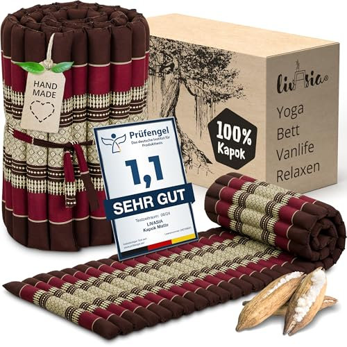 livasia Rollmatte Rollmatratze S schmal - 200x50x4,5cm - Gästebett Gästematratze 1 Person mit Muster, Reisebett Kofferraum outdoor, Thaimatte Kapok für Garten Balkon handgefertigt (Weinrot)