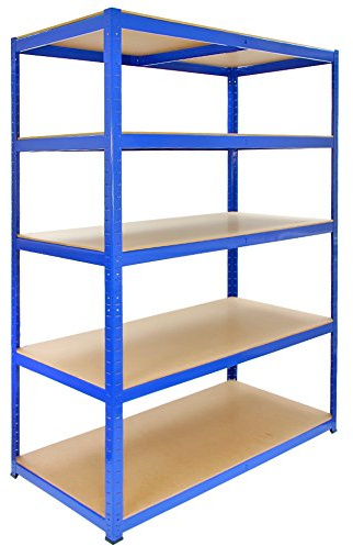 Garage Shelving Units Pack of 9 Extra Wide 5 Tier Heavy Duty T-Rax Storage Rack Steel Utility Shelves Metal & MDF Boltless Racking 180cm H x 120cm W x 60cm D 280KG Per Shelf Blue FREE Rubber Mallet