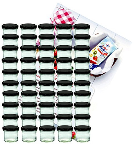MamboCat - Lot de 50 pots de marmelade - En verre incassable - Contenance de 125 ml - TO 66 - Avec couvercle noir - Avec livre de recettes Diamant-Zucker inclus (français non garanti).