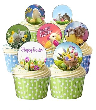 24 décorations de Pâques Lapins et poussins en papier comestible pour décoration de gâteau
