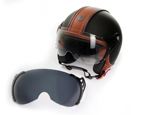 Motorradhelm Jethelm Rollerhelm CMX Hazel Größe L matt schwarz mit braunem Leder und klarem Visier + Zusatzvisier getönt
