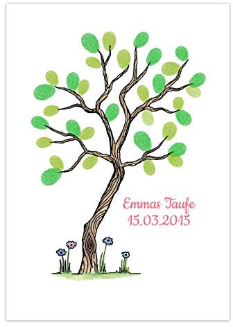 Papierdrachen Fingerabdruck Gästebuch für Deine Hochzeit, Taufe oder Kommunion - DIN A4 Baum klein und bunt - personalisiert mit Namen und Datum - inklusive Stempelkissen