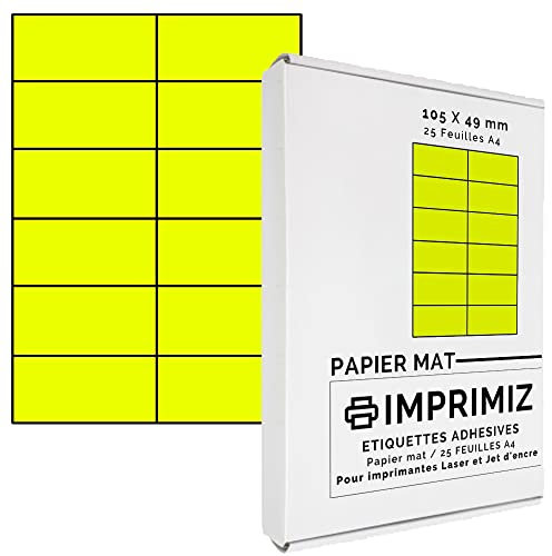 300 Selbstklebende Etiketten neongelb von 105 x 49,5 mm - 12 Etiketten/Blatt - 25 Blatt A4 / Papier matt - Farbe - Für Inkjet/Laser/Kopier Drucker - Etiketten farbig