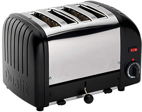Dualit Classic 4 Slice Vario 2.2kW Toaster, Black and Stainless Steel, Hand Built in the UK, Replaceable Proheat Elements, Heat 2 or 4 Slots, Defrost Bread, Mechanical Timer, Model 40344, E266