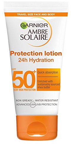 Garnier Ambre Solaire Ultra-Hydrating Shea Butter Sun Protection Cream SPF50+, Hydrating High Sun Protection Lotion SPF50 + Handy Handbag Format 50 ml Travel Size