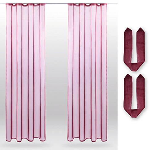 Bestlivings Dekoschal Noella mit Universalband, transparente Gardine Voile b 140x l 245 cm 2er Pack,in vielen Farben erhältlich (Bordeaux - Beere/mit Raffhalter)