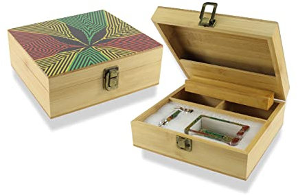 Budawi® hochwertige Holzkiste bunt mit Hanfblatt von Super Heroes Wooden Storage Box für Selberdreher mit Aschenbecher und Pfeife 19 x 17,5 x 7cm