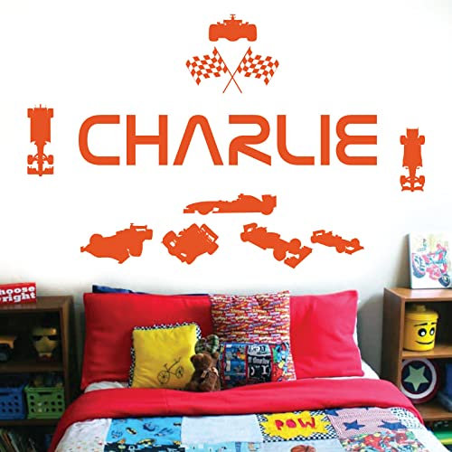 Personalised Name Children Wall Art Sticker - Racing Driver Formula 1 Cars Sport [Medium] [Orange]