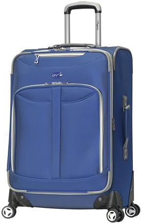 Olympia U.S.A. Tuscany 63,5 cm großes Gepäck, erweiterbar, Doppel-Koffer mit 4 Rädern, mit Reißverschlusstasche vorne, Denim Blau, 25 Inch, Kariert, Größe M