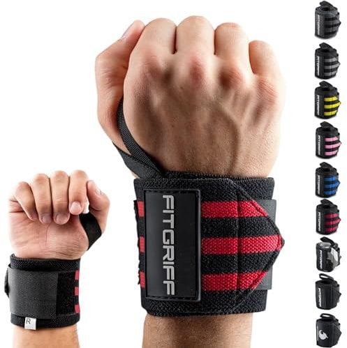 Fitgriff® Handgelenk Bandagen [Wrist Wraps] 45cm Handgelenkbandage für Fitness, Handgelenkstütze, Bodybuilding, Kraftsport & Crossfit (Schwarz/Rot)