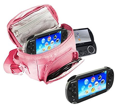 Orzly® - GAME & CONSOLE TRAVEL BAG for Sony PSP Consoles (GO/VITA/1000/2000/3000) Has Special Compartments for Games & Accessories. Bag includes Shoulder Strap + Carry Handle + Belt Loop - PINK
