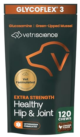 VetriScience Extra Strength Healthy Hip & Joint Chews, GlycoFlex Glucosamine and Green-Lipped Mussel Joint Support Supplement for Dogs, Promote Mobility and Soothe Joint Discomfort, Chicken, 120 Count