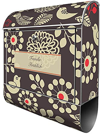 banjado® Design Briefkasten personalisiert WT Blumen Und Vögel 38,5x46,5x13cm & 2 Schlüssel - Briefkasten Stahl Silber Zeitungsfach pulverbeschichtet - Postkasten A4 Einwurf inkl. Montagematerial
