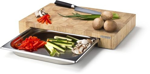 Continenta Planche à découper en hévéa Bois de Bout avec 1 tiroir (bac Gastro INOX) 48 x 32,5 x 6,5 cm