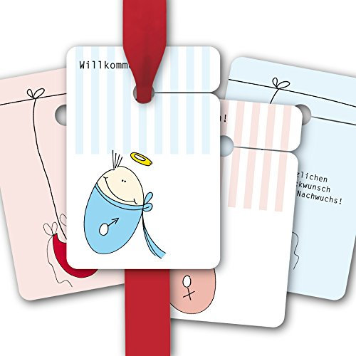 8 Baby Geschenkanhänger farbig, Papieranhänger, Hängeetiketten, mit Lätzchen und süßem Baby zur Geburt oder Taufe für Jungen und Mädchen mit Glückwunsch Text • zum Verzieren von Geschenken